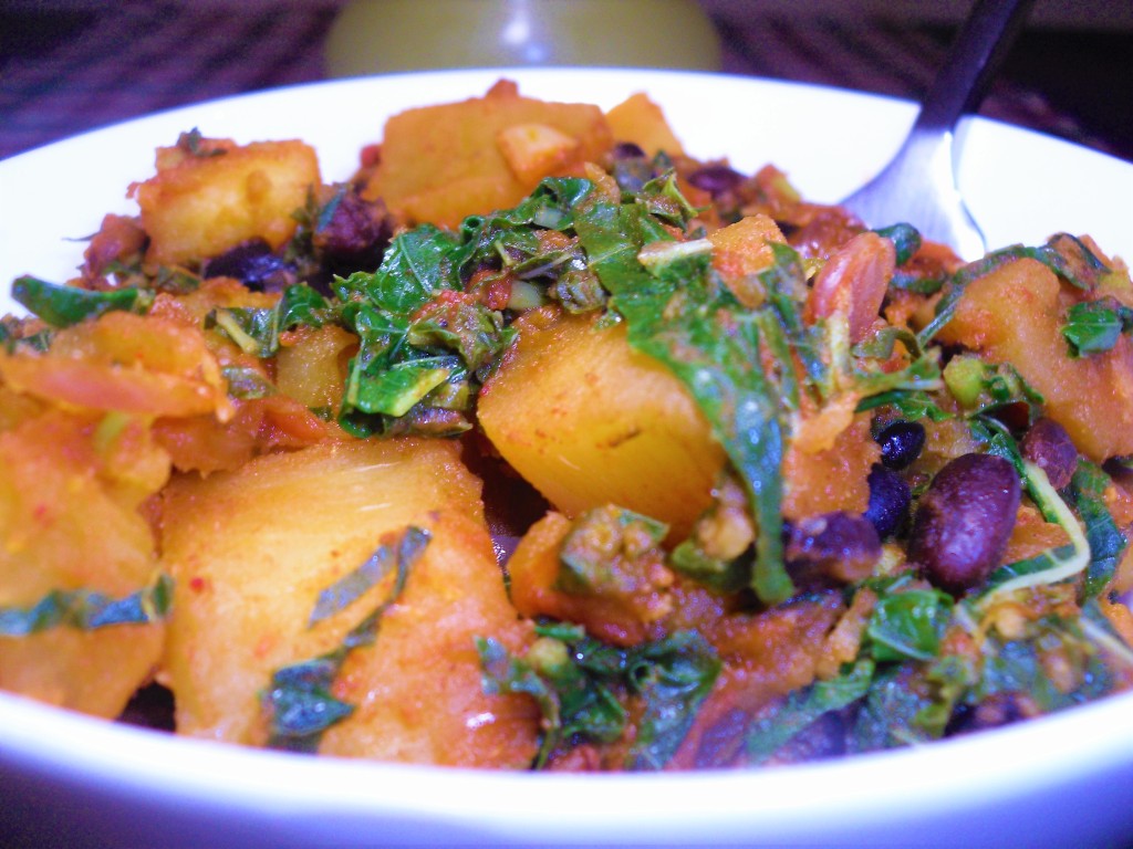 How to make gingered sweet potato with black beans and callaloo