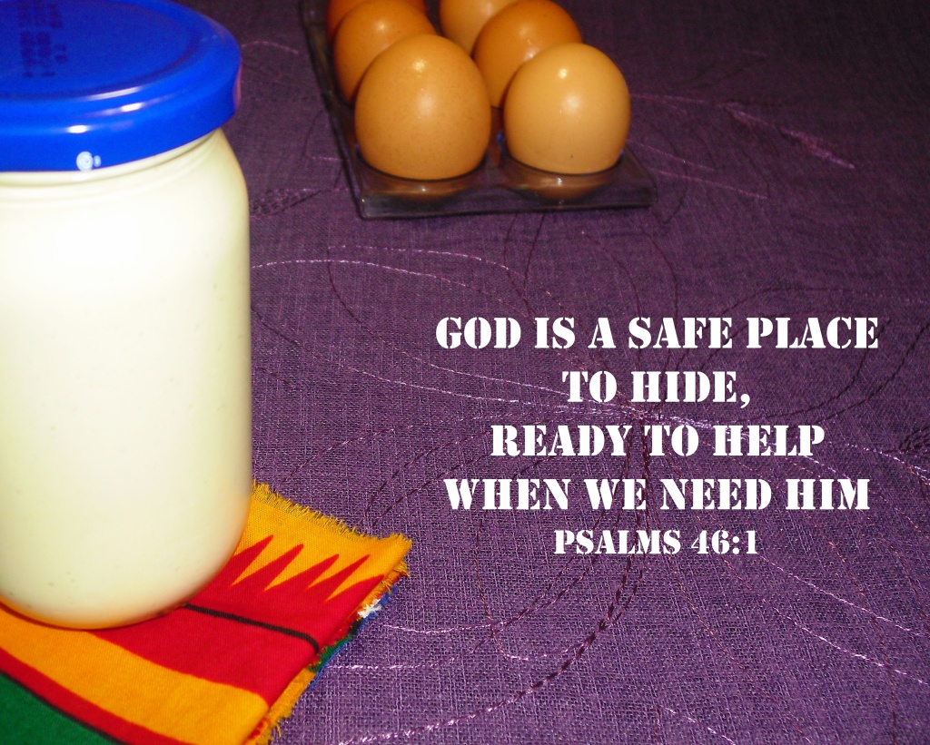 Psalm 46:1 inscribed next to a jar of mayonnaise and below a small tray of  eggs.