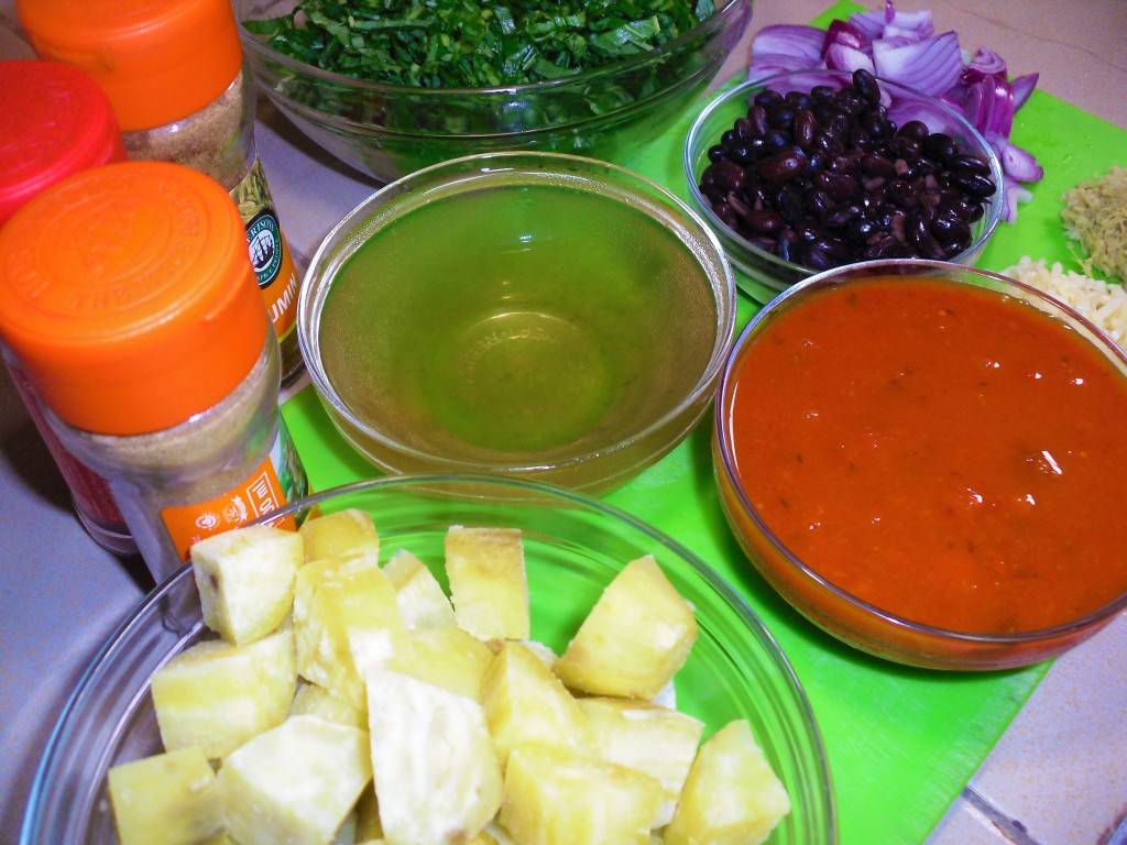 Ingredients used to make gingered sweet potato with black beans and green amaranth